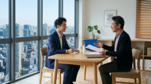 転職エージェントとの面談で担当者の説明を聞く様子
