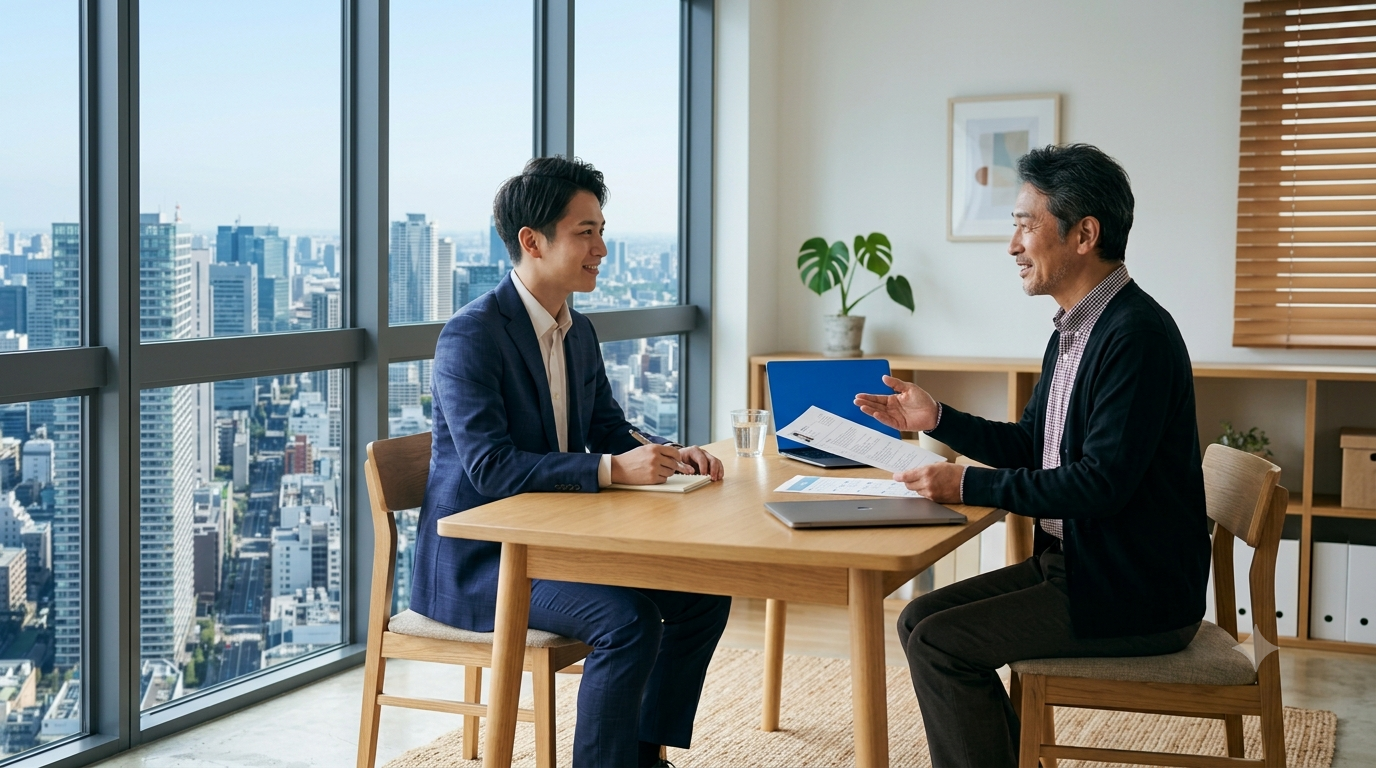 転職エージェントとの面談で担当者の説明を聞く様子