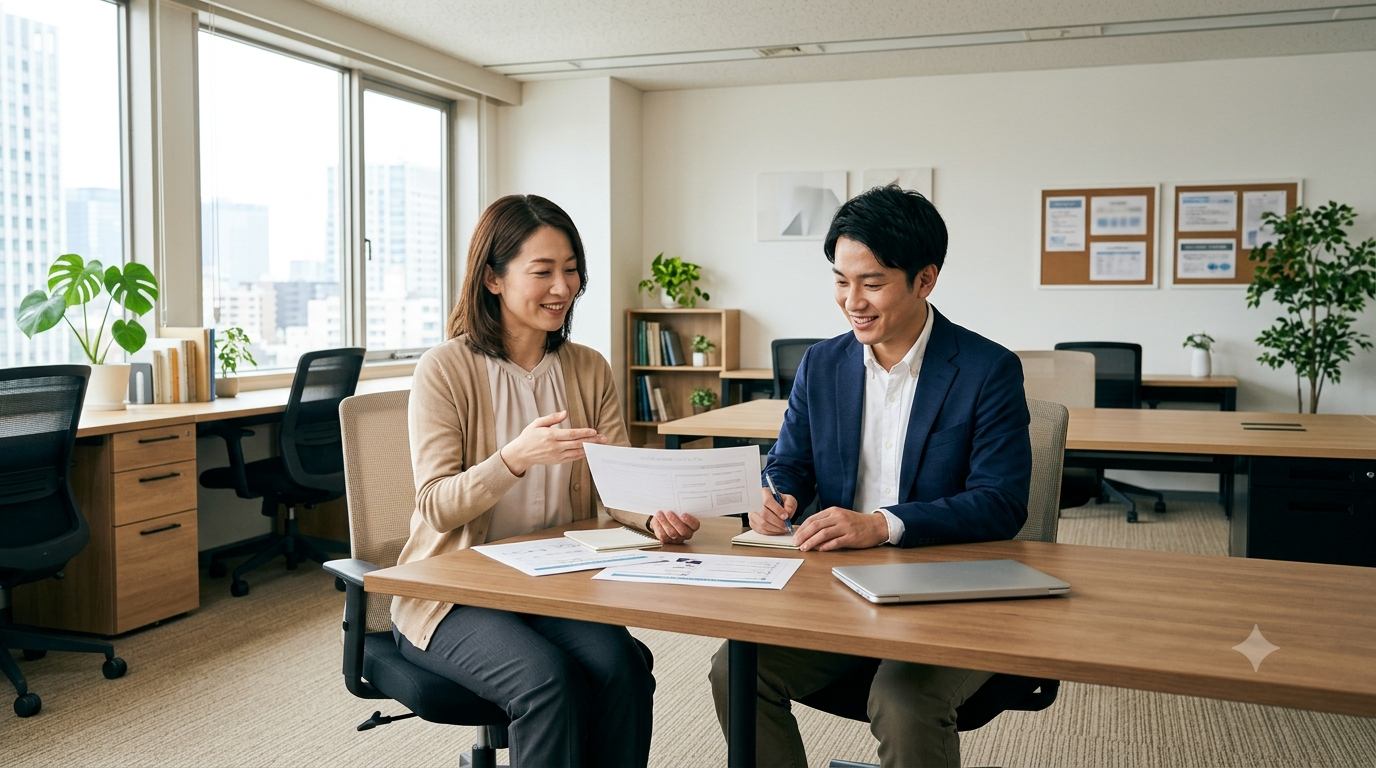 支援員と利用者がビジネススキルの練習に取り組む様子