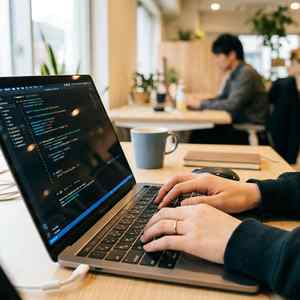 ノートPCでコードを打つ手元