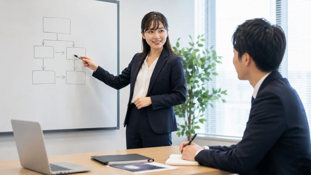 就労移行支援の進め方をホワイトボードで説明する30代のビジネスパーソン女性と聞いている男性