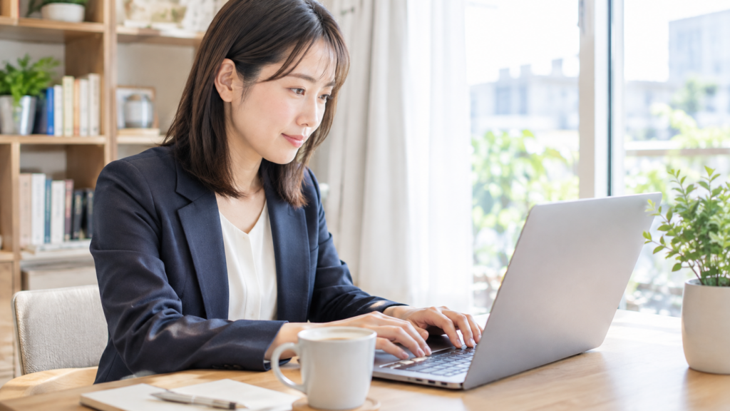 自宅のデスクでノートパソコンに向かって在宅勤務をするビジネスパーソン