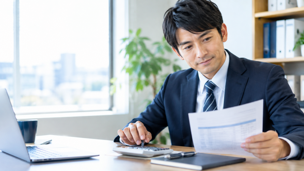 給与の書類を確認するビジネスパーソン