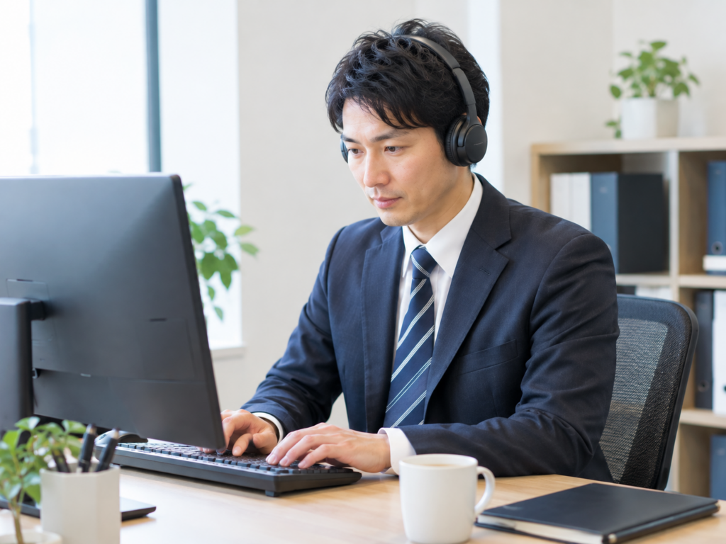 静かな席でデータ入力に集中するビジネスパーソン