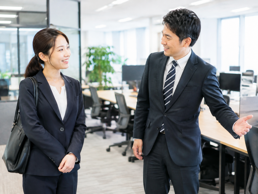 職場見学で担当者から説明を受けるビジネスパーソン